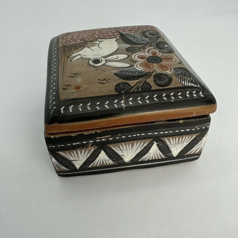 Tonala Mexico Pottery Trinket Jewelry Box Folk Art Vintage